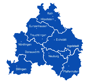 Landkreisgrenzen und Ortsverbände im THW Regionalstellenbereich Ingolstadt